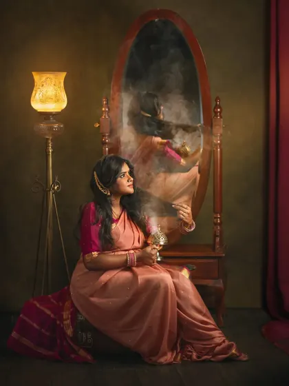 My Storybook Sessions are where we turn imagination into art. This conceptual maternity portrait uses vintage props, a mirror, and ethereal smoke to create a scene filled with mystery and anticipation. It’s about capturing the feeling of looking toward the future while reflecting on the present moment.