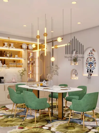 An overview of a dining space where every element is curated, from the artistic floral rug to the modern pendant lights and traditional wall niches. The elegant crockery unit serves as a sophisticated backdrop.