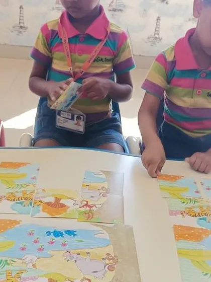 Young minds at work solving puzzles. This group activity enhances problem-solving skills, cognitive development, and teamwork.