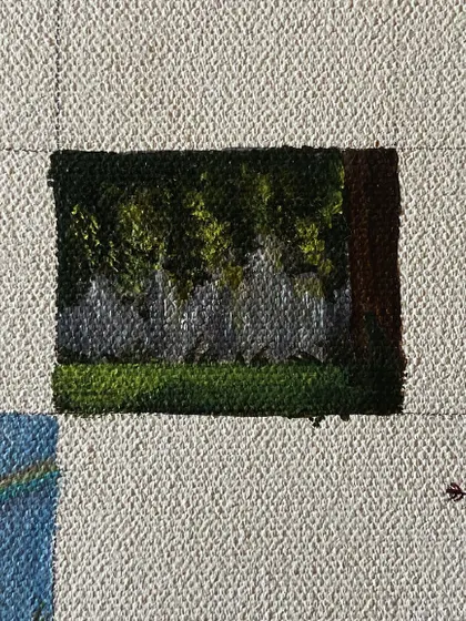 A mini-painting of a forest with a fence.