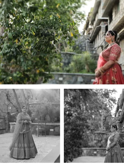 A collage of bridal portraits in a rustic, stone-walled setting, showing the bride in both color and black and white.