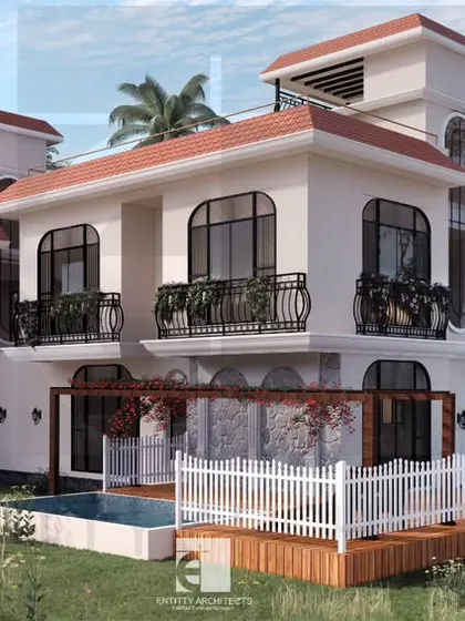 A side view of the Tungarli bungalow, showing the private backyard with its individual swimming pool and deck area. The design ensures each home offers a private oasis for relaxation and leisure, perfect for a holiday home.