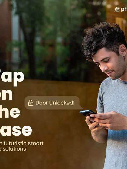 Tap on the ease with my futuristic smart lock solutions. This image shows a user unlocking their door with a simple tap on their phone, illustrating ultimate convenience.