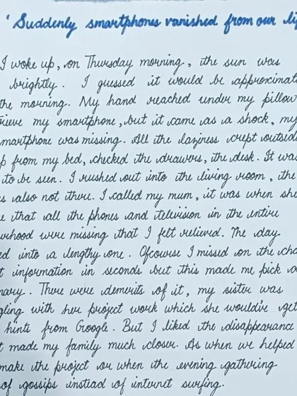 A student's creative story on the topic "Suddenly smartphones vanished from our life." Notice the neat, flowing cursive which makes the imaginative story easy and enjoyable to read.