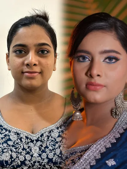 The final result of the blue siren eye makeup. This before-and-after highlights how advanced eye makeup techniques can completely transform a look while keeping the skin natural and blended.