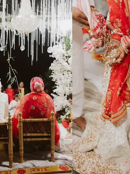 A view of the couple seated at the mandap during the ceremony. The intricate design, with hanging crystals and dense white florals, created a space that felt both grand and deeply intimate.