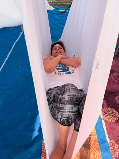 The hammock isn't just for inversions. It can also be used as a cocoon for the most blissful Savasana, gently rocking you into a state of deep relaxation.