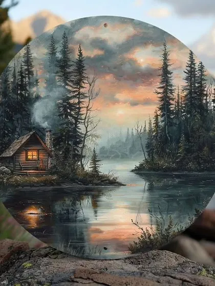 Our collection of circular landscape paintings offers a unique perspective on nature. These pieces, depicting everything from serene meadows and tranquil lakes to rustic farmhouses, are perfect for creating a charming focal point on any wall.