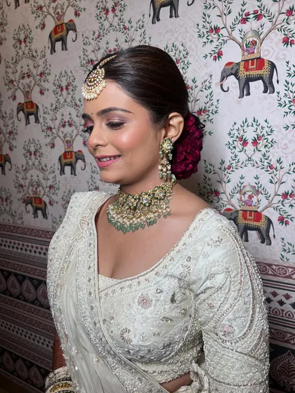 A close-up showing the soft pink and brown tones on the eyes, adding warmth to the overall look.