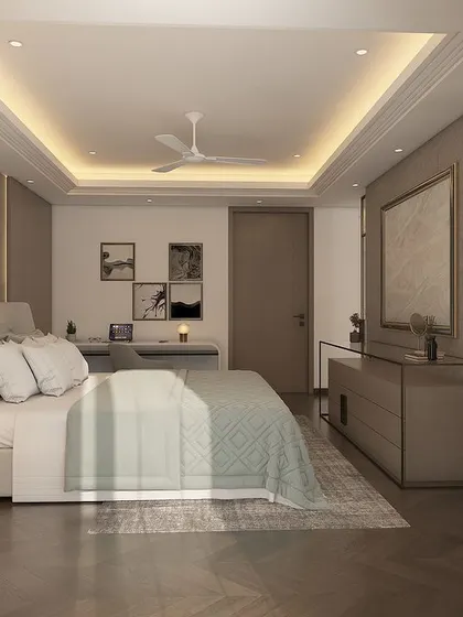 Another angle from the 3D render of the master bedroom, showing the custom nightstand and the soft, ambient lighting scheme designed to create a relaxing mood.