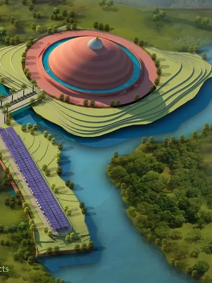 The island location of the Dhamma Pavilion is highlighted in this render, showing its connection to the mainland via a bridge and the integration of a solar farm for sustainable energy.