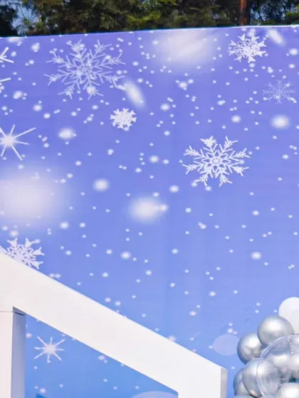 A detail of the snowy backdrop, featuring a beautiful snowflake pattern that adds to the magical winter atmosphere.