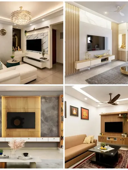 A collage of our TV unit designs, showing a variety of styles from modern minimalist to luxurious with marble and integrated lighting. We customize each unit to fit the client's living room and storage needs.