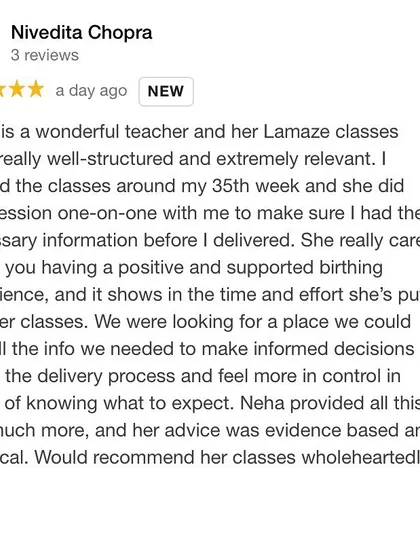 A review from a mother who joined late in her pregnancy, highlighting my flexibility and commitment to ensuring she had the information needed for a positive, supported experience.