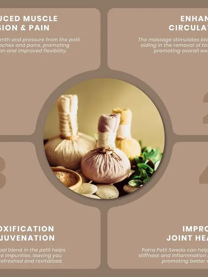 The benefits of Patra Potli Sweda are four-fold. It reduces muscle tension, enhances circulation, aids in detoxification, and improves joint health, making it a comprehensive therapy for pain and rejuvenation.