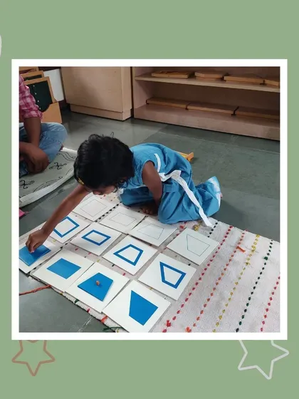 Lalitha demonstrates her mastery of the geometric cabinet, a material that teaches the names and properties of various shapes. Her precision and focus are a joy to watch.
