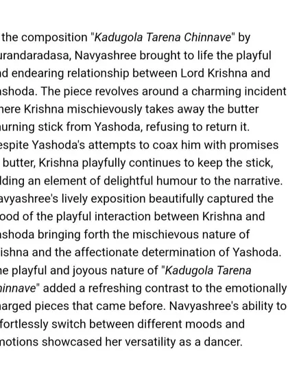 This review describes a playful piece about Lord Krishna and Yashoda. It is a joy to switch between different moods and showcase the versatility of Bharatanatyam storytelling.