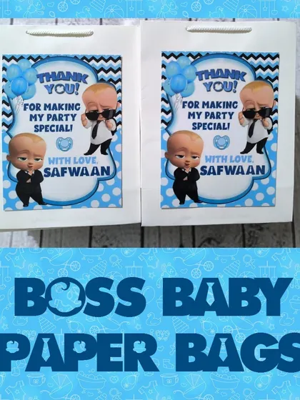 These Boss Baby themed paper bags are perfect for a first birthday or any "boss" celebration. This order of 40 bags was sent to Dhampur, UP.