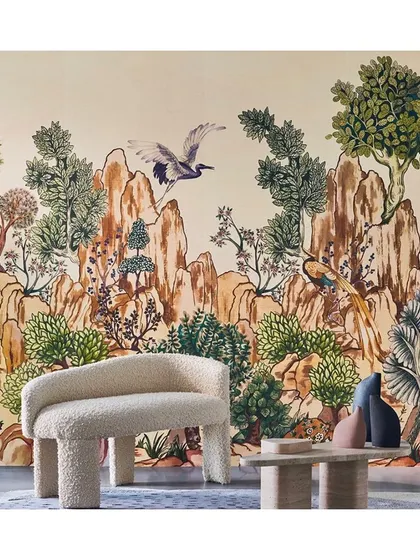 Panoramic wallcoverings, like this 'Hang Mua' design inspired by Halong Bay, offer an escape. Delicately woven on a sisal base, it creates a breathtaking, scenic backdrop that adds depth and artistry to a living room or bedroom.