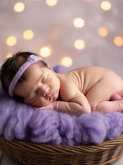A close-up of the newborn's peaceful, sleeping face, capturing the delicate features and soft skin in a dreamy portrait.