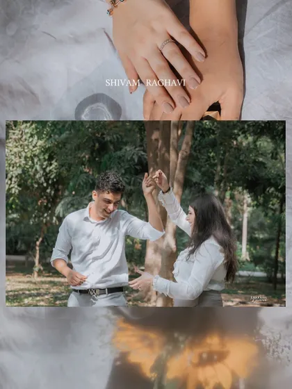 An artistic collage from Shivam and Raghavi's pre-wedding shoot, blending moments of them dancing, holding hands, and sharing a quiet connection.
