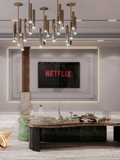 A render showcasing the TV unit framed by classic wall molding, blending modern entertainment needs with a neo-classical aesthetic. The organic-shaped coffee table adds a contemporary touch.