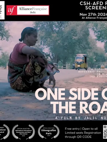 The poster for the award-winning documentary "One Side of the Road." We host screenings of impactful films that have received international recognition, followed by engaging discussions with the filmmakers.