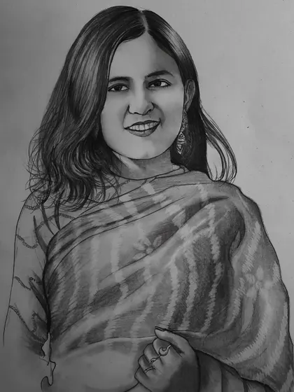 An A4 size graphite pencil portrait done as a commission. The goal was to create a beautiful gift by focusing on the subject's pleasant expression and the details of her saree.