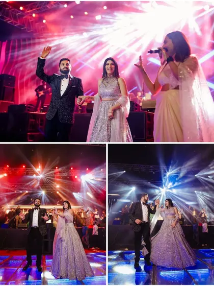 The couple on stage with a live singer, capturing the high-energy entertainment of the night.