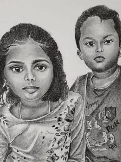 I love creating portraits that become cherished family memories. This custom pencil sketch of two siblings was commissioned as a special gift, capturing their innocent and gentle expressions.
