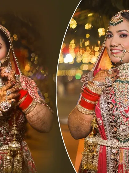 A two-photo layout for a wedding album, showcasing the bride's intricate jewelry and happy smile.