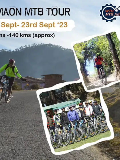 Our Kumaon MTB Tour poster, showcasing the mix of road and trail riding you can expect. This 130-140 km tour is a perfect introduction to Himalayan cycling.