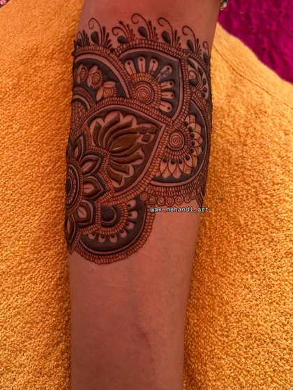 A close-up of an intricate arm design, showcasing the detailed shading and line work that gives it a 3D effect.