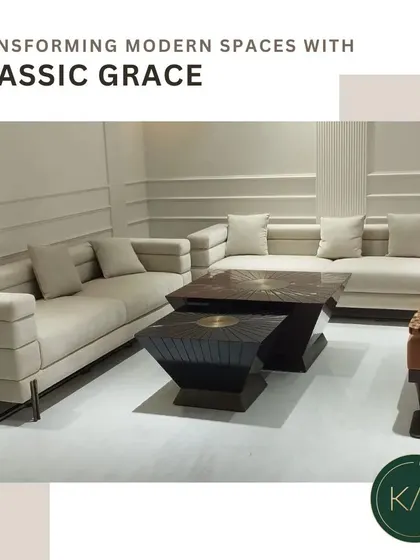An L-shaped sectional sofa and a matching coffee table with geometric inlay work. This set was designed to anchor a large living area, providing a luxurious and cohesive look with classic grace.