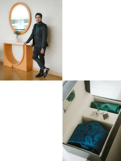 A collage of the groom's accessories. It shows his full portrait, his tie and cufflink set, and his stylish shoes, capturing the details of his wedding day look.