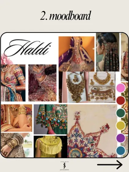 Once I understand your vibe, I create a detailed mood board. This visual guide for an event like the Haldi helps us align on everything from outfit styles to jewelry and overall aesthetic.