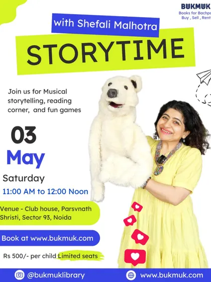 This poster is for a 'Storytime' event I hosted in a Noida community clubhouse. I bring my sessions directly to neighborhoods, making it easy for families to join in for a weekend of musical storytelling, reading, and games.