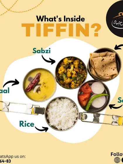 Ever wondered what's inside our tiffin? This graphic breaks it down: a balanced meal of Sabzi, Dal, Rice, Roti, and Salad.