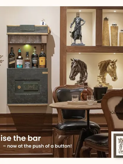 For smaller spaces, I created the 'PO Box 69' wall-mounted automated bar. Finished in rich leather with brass metal accents, it opens at the push of a button to reveal a compact yet elegant bar setup.