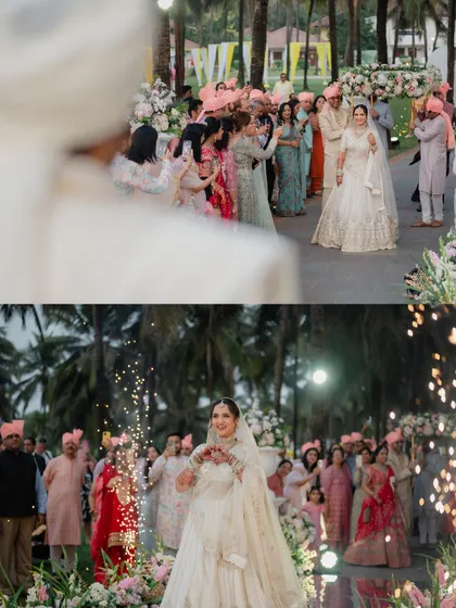 A collage showing the bride's walk down the aisle, the groom's anticipation, and the explosive joy of the varmala with sparklers.