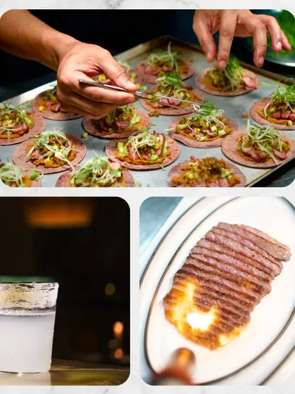 A collage showcasing the variety of our menu, from the meticulous preparation of fresh tacos to a perfectly seared steak and a classic salt-rimmed cocktail. It's a taste of the diverse flavors we offer.