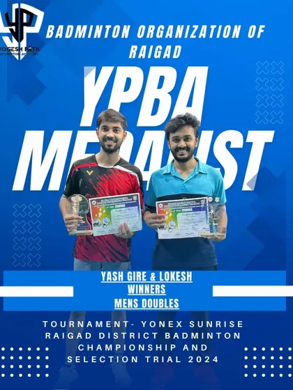 Yash Gire and Lokesh, our Men's Doubles winners at the Raigad District Badminton Championship 2024, a result of their excellent teamwork.