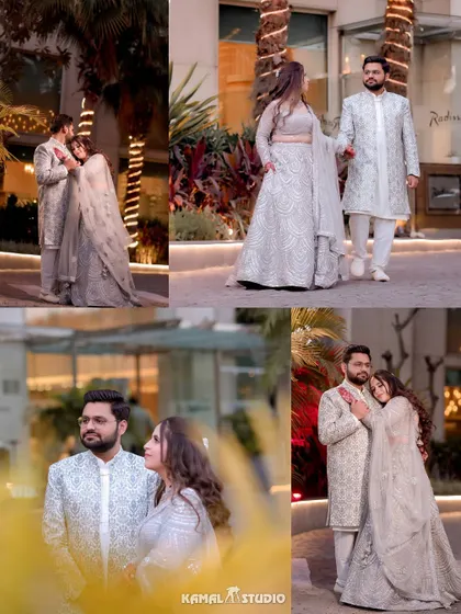A collage of the couple's romantic outdoor portraits, showing them walking together and sharing intimate moments.