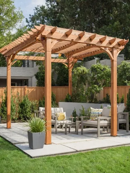 A classic wooden pergola with decorative braces, set on a stone patio in a green backyard. The design provides a perfect designated area for outdoor furniture.