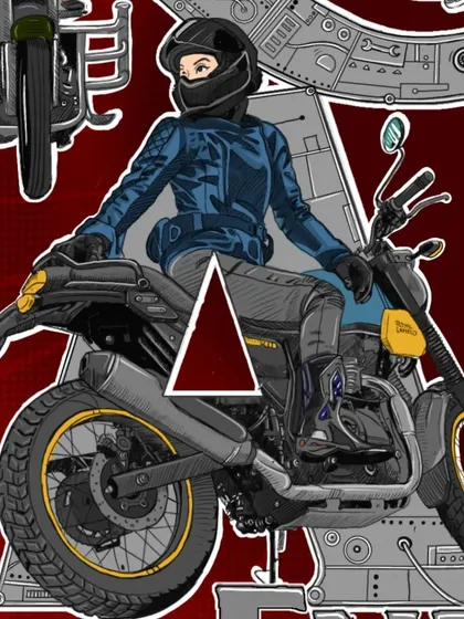 A detailed view of the woman on the Royal Enfield Himalayan, part of the 'Naari Shakti' illustration.