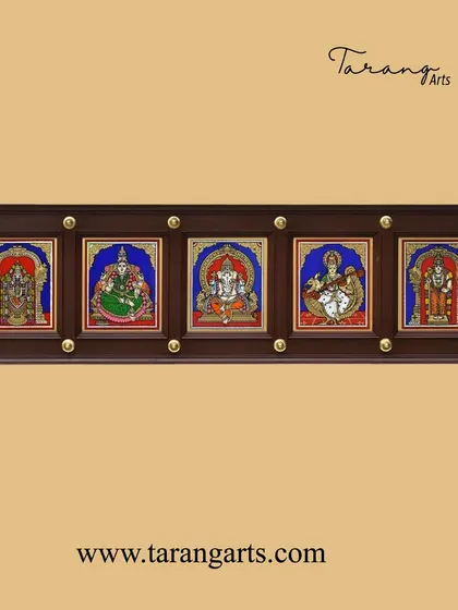 Our 5-in-1 glass painting panel is a comprehensive collection of divine blessings. Featuring Balaji, Lakshmi, Ganesha, Saraswati, and Murugan, it's an ideal centerpiece for any pooja room.