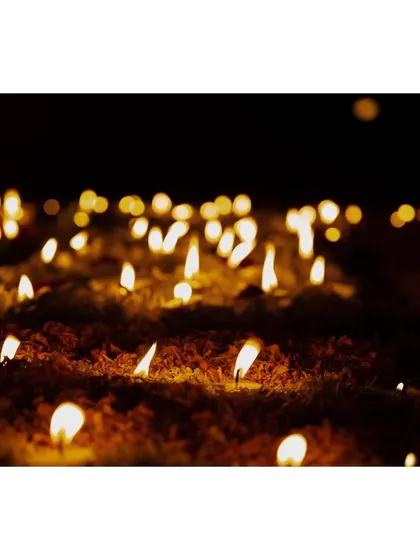 A detailed shot of dozens of small flames from butter lamps placed on a bed of flowers. This abstract image focuses on the light and texture, symbolizing the collective prayers and offerings of the devotees.