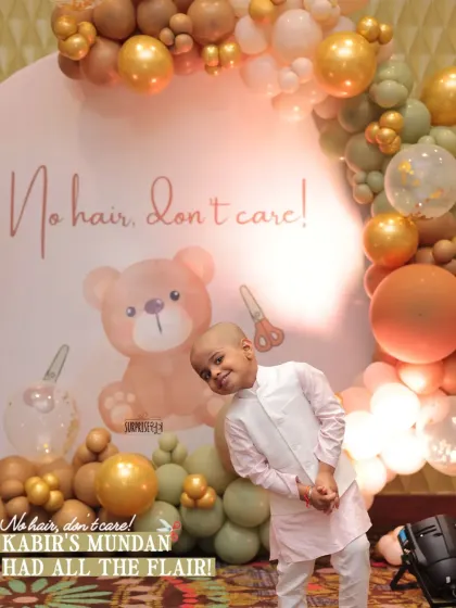 A Mundan ceremony is a big step, so we celebrated it with flair! The "No hair, Don't care!" backdrop for Kabir's mundan added a touch of fun to the tradition, and he looked absolutely adorable posing in front of his teddy-bear themed setup.