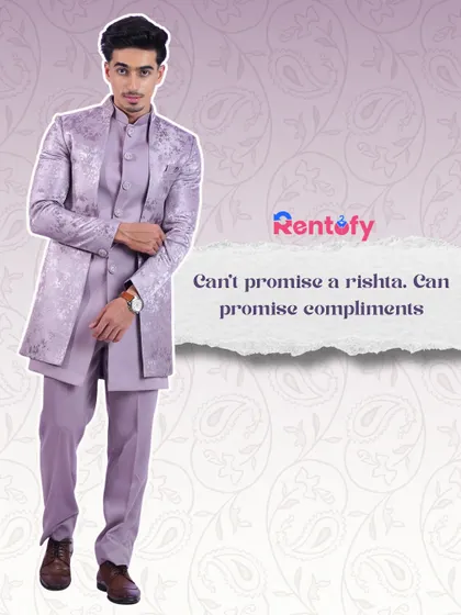 Can't promise a rishta, can promise compliments. This graphic features a stunning lilac Indo-western set that's sure to get you noticed.