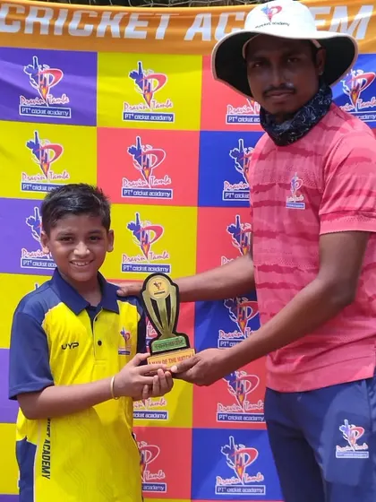 A player from the U-10 yellow team is awarded Man of the Match for his contribution to the team's effort.